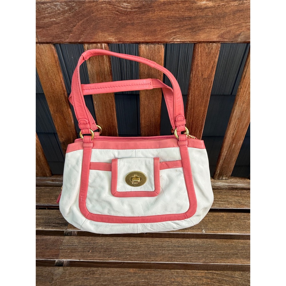 Coach Shoulder Bag White Coral Pink Pebbled Leather Turnlock Hardware Vintage
